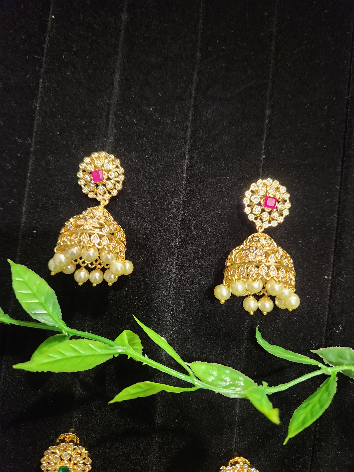 Gold Finish Floral cz Stone Jhumkas