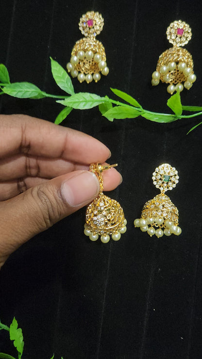 Gold Finish Floral cz Stone Jhumkas