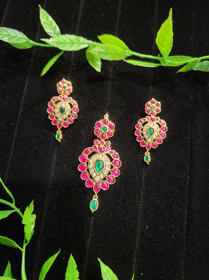 Royal Jadau Kundan Leaf Pendant Set with Ruby & Emerald Accents