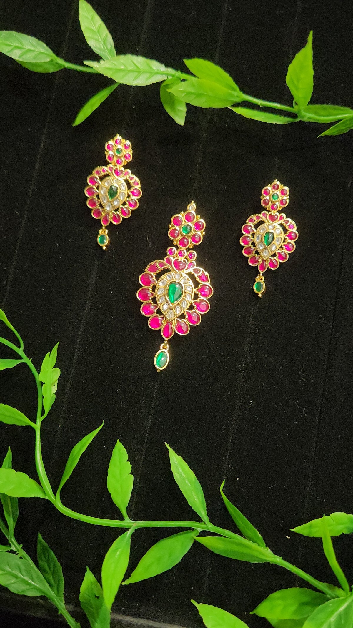 Royal Jadau Kundan Leaf Pendant Set with Ruby & Emerald Accents