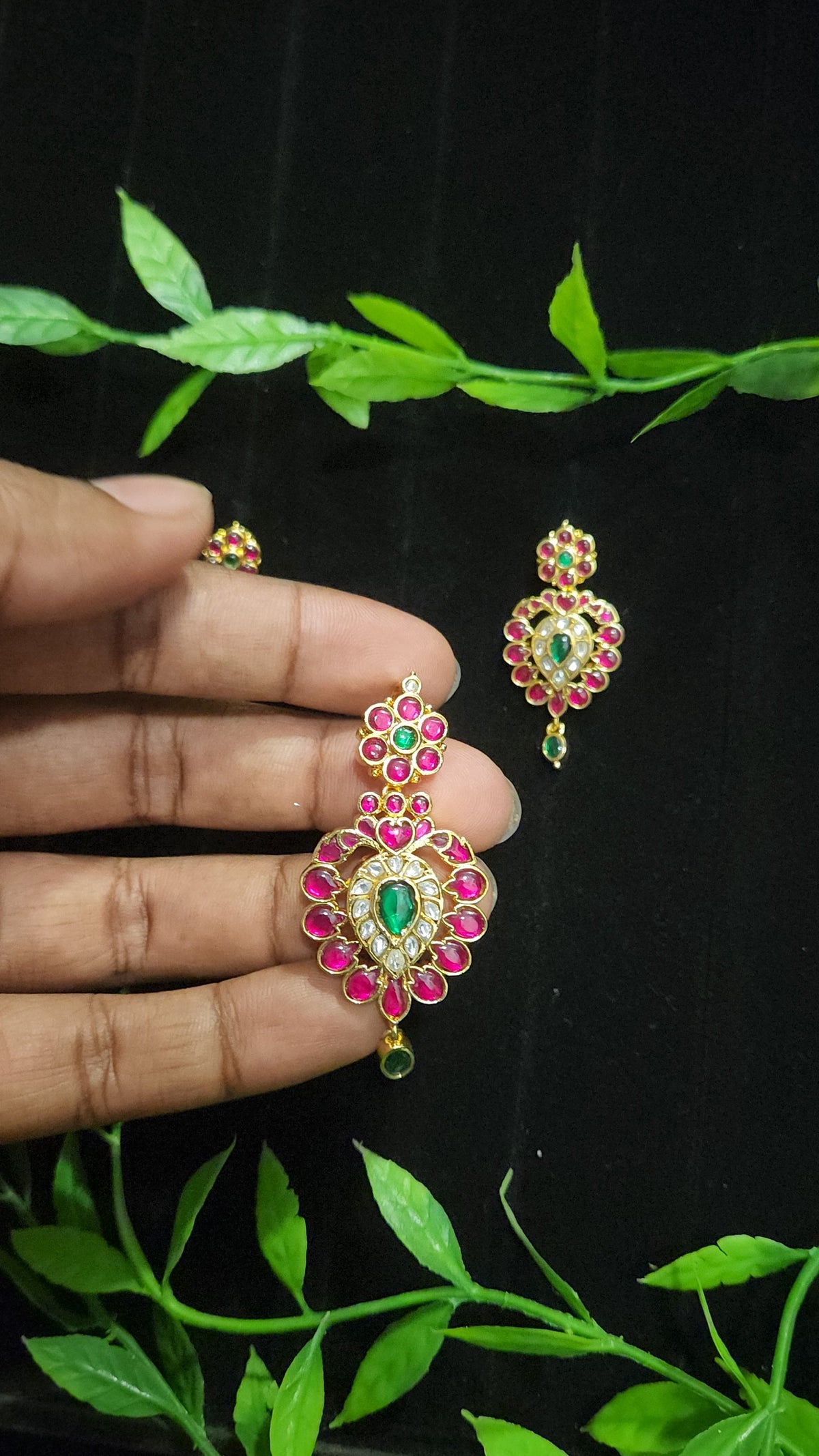 Royal Jadau Kundan Leaf Pendant Set with Ruby & Emerald Accents