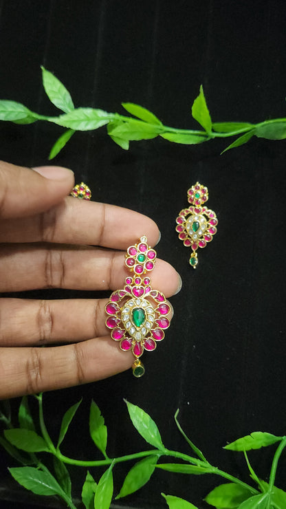 Royal Jadau Kundan Leaf Pendant Set with Ruby & Emerald Accents
