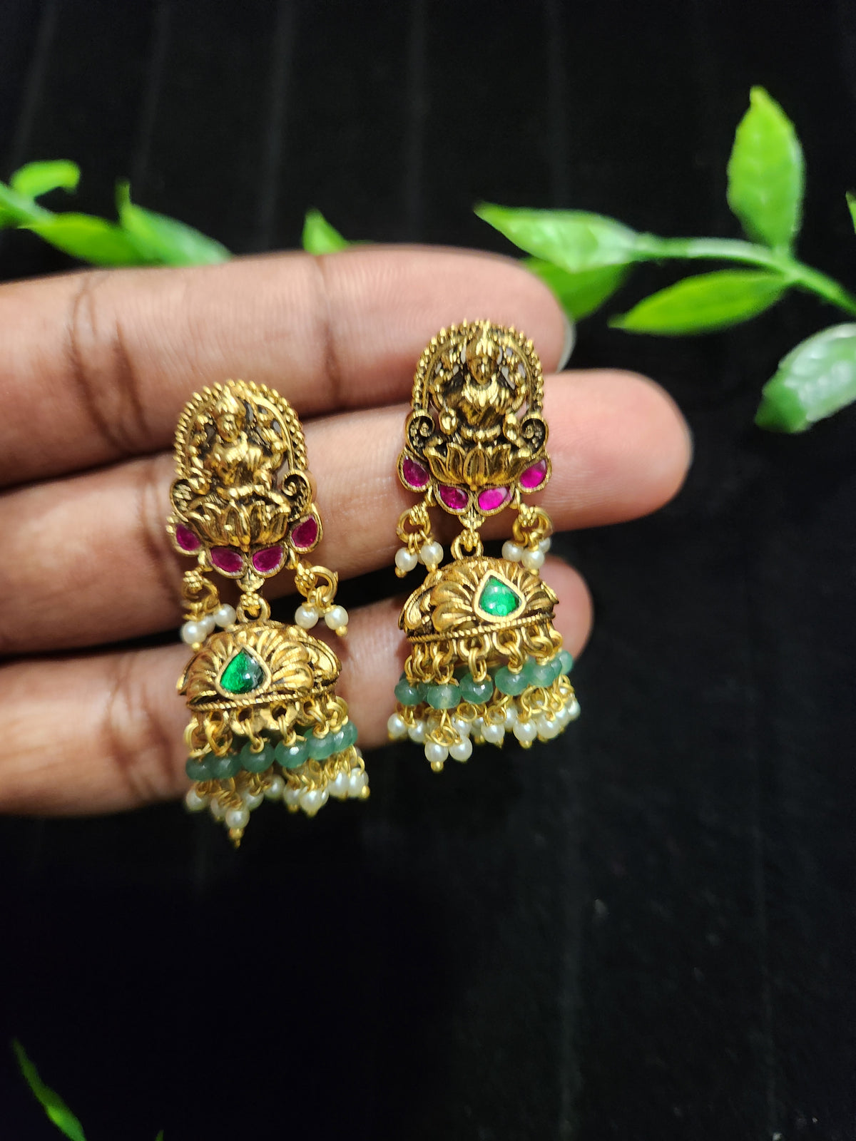 Antique Finish Kundan Lakshmi Jhumka with Green Bead & Pearl Drops
