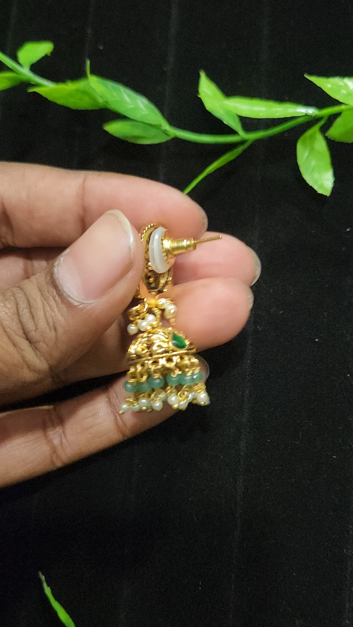Antique Finish Kundan Lakshmi Jhumka with Green Bead & Pearl Drops