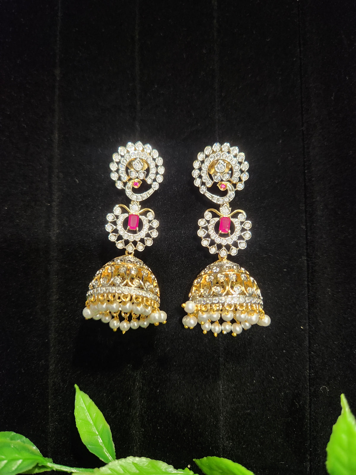 Diamond Finish Peacock & Floral Jhumkas