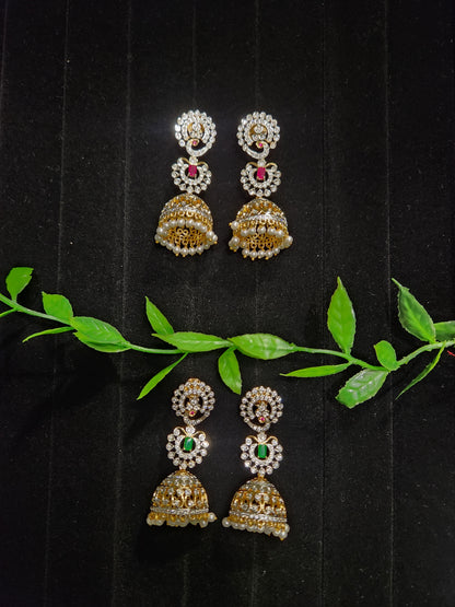 Diamond Finish Peacock & Floral Jhumkas