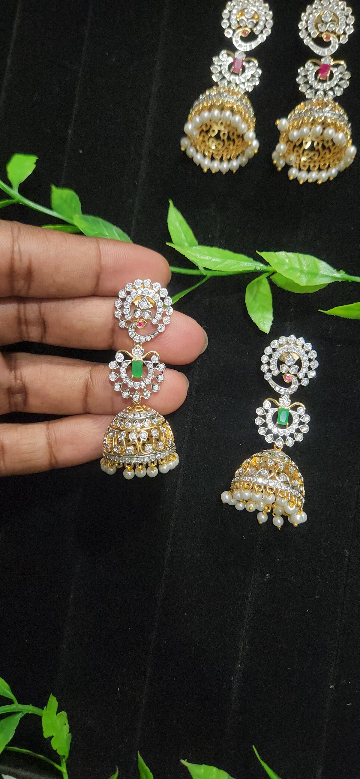 Diamond Finish Peacock & Floral Jhumkas