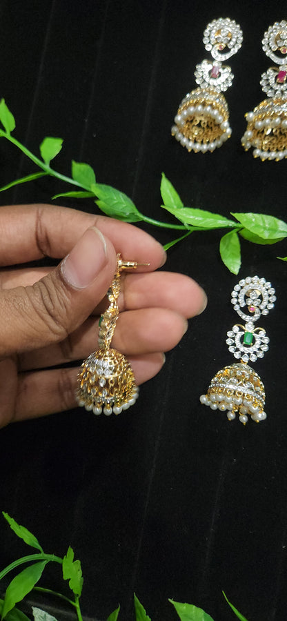 Diamond Finish Peacock & Floral Jhumkas