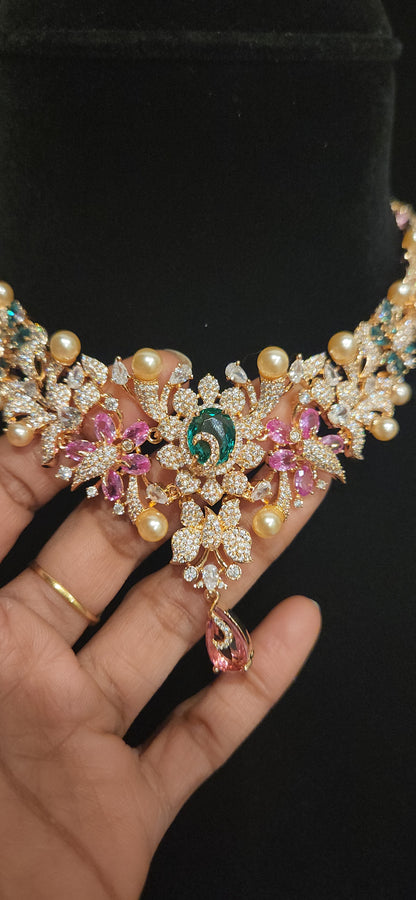 Rose Gold Tone Floral Charm Multicolor Stone Necklace Set