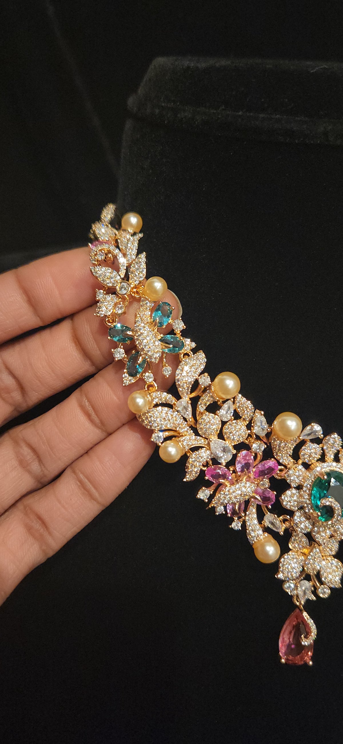 Rose Gold Tone Floral Charm Multicolor Stone Necklace Set