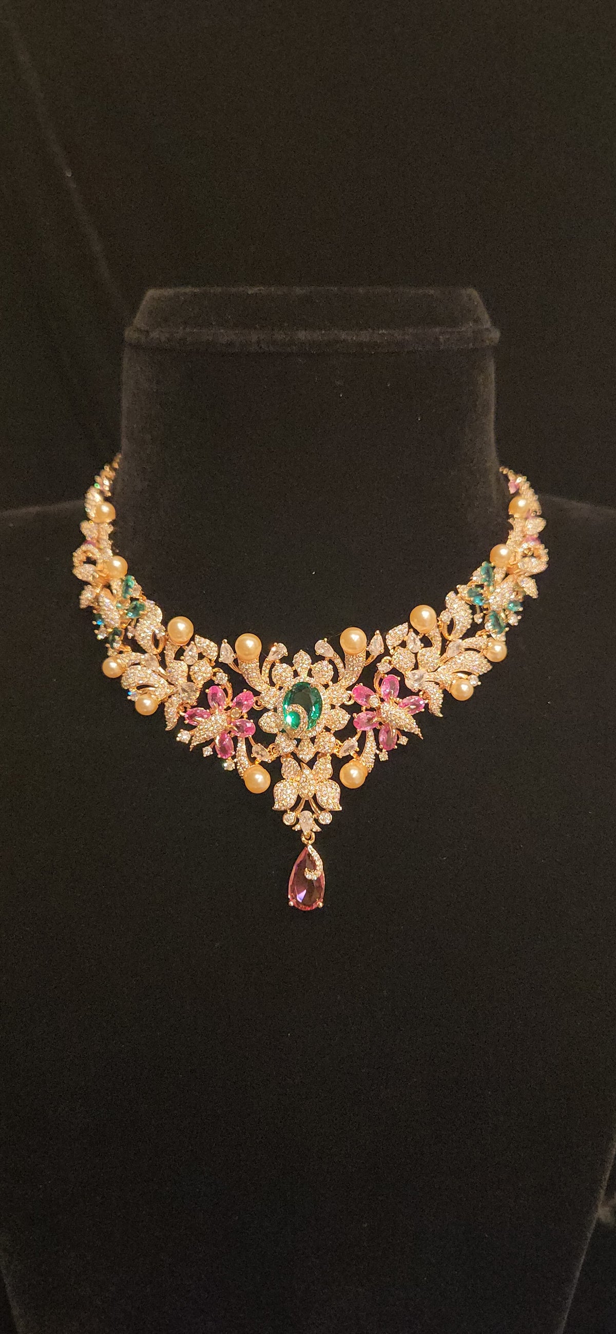 Rose Gold Tone Floral Charm Multicolor Stone Necklace Set
