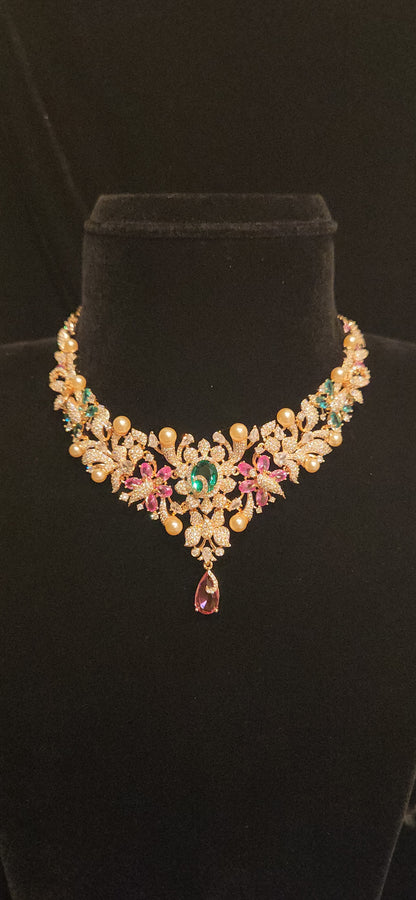 Rose Gold Tone Floral Charm Multicolor Stone Necklace Set