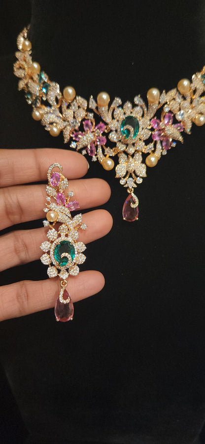 Rose Gold Tone Floral Charm Multicolor Stone Necklace Set