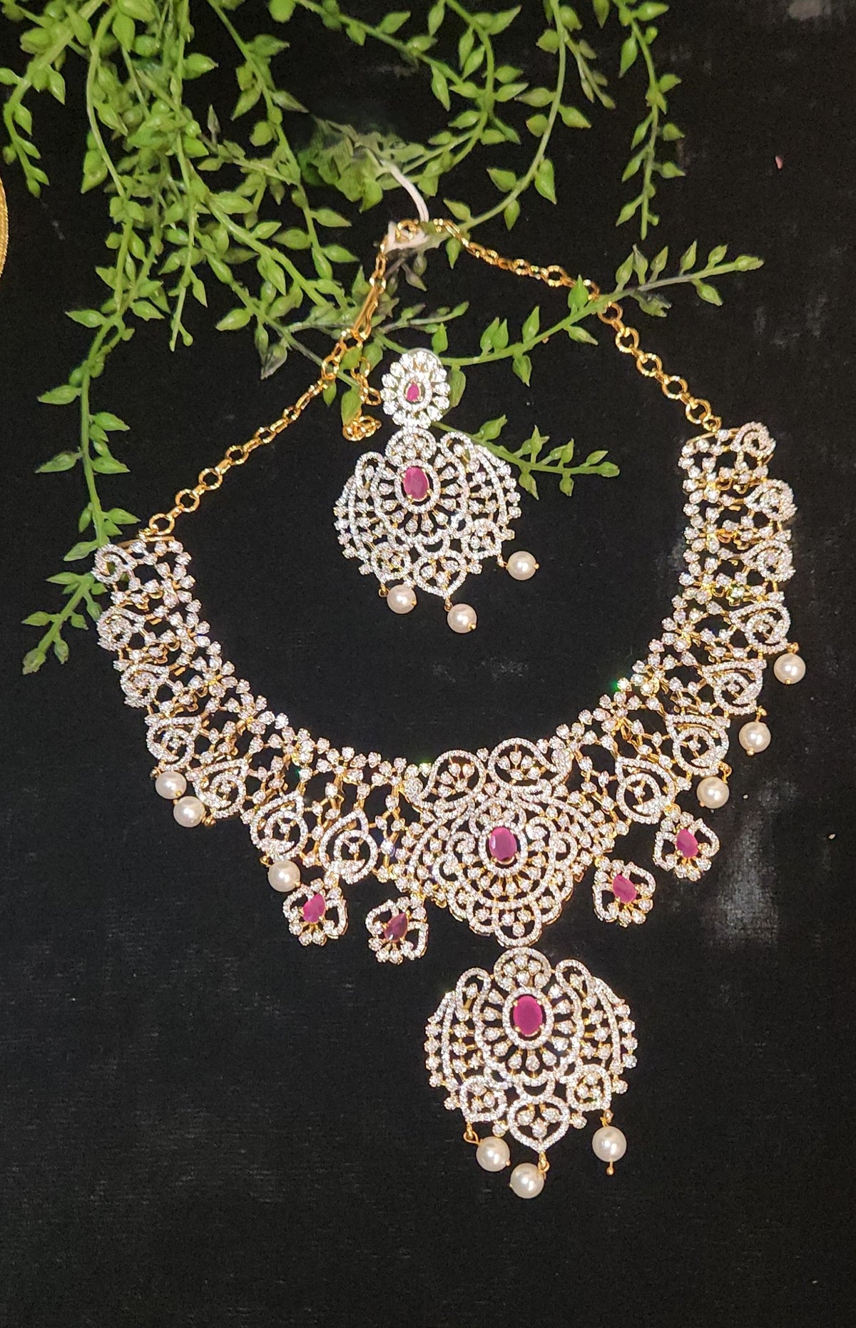 Floral CZ Bridal Necklace Set with Pearl Drops and detachable pendant