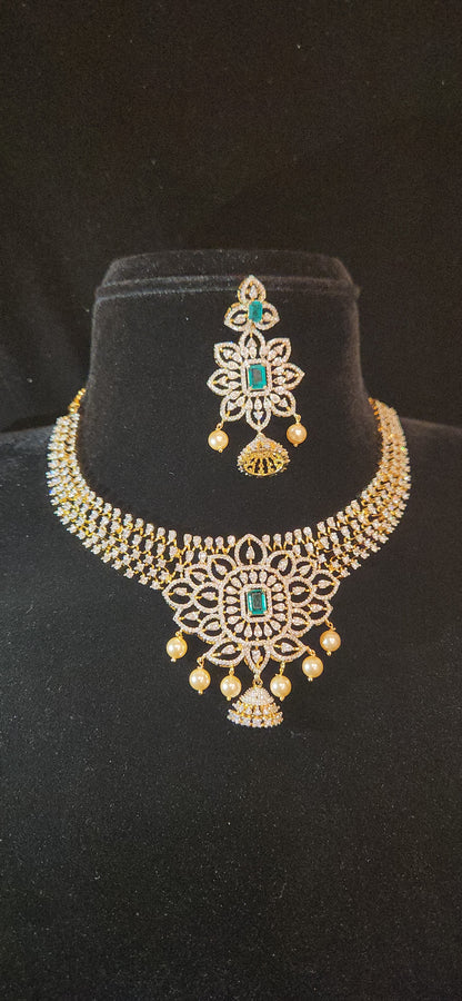 Emerald CZ Necklace Set with Pearl Drops