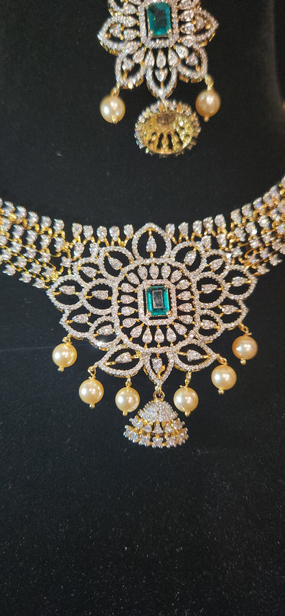 Emerald CZ Necklace Set with Pearl Drops