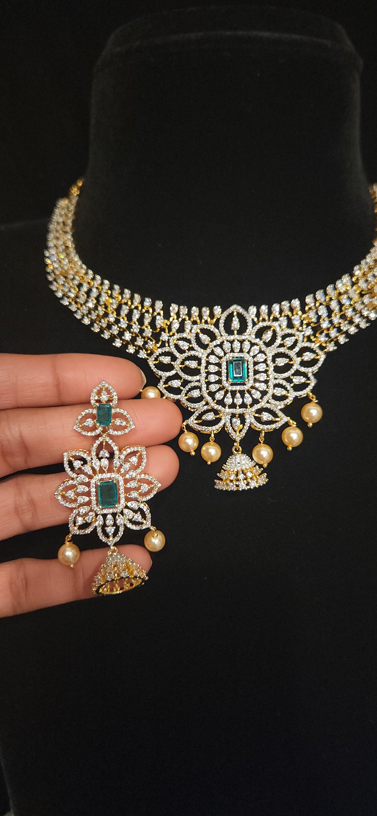Emerald CZ Necklace Set with Pearl Drops