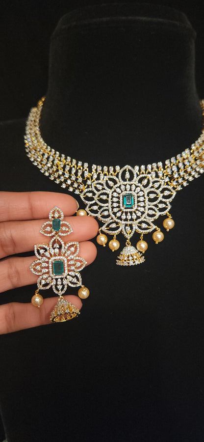 Emerald CZ Necklace Set with Pearl Drops