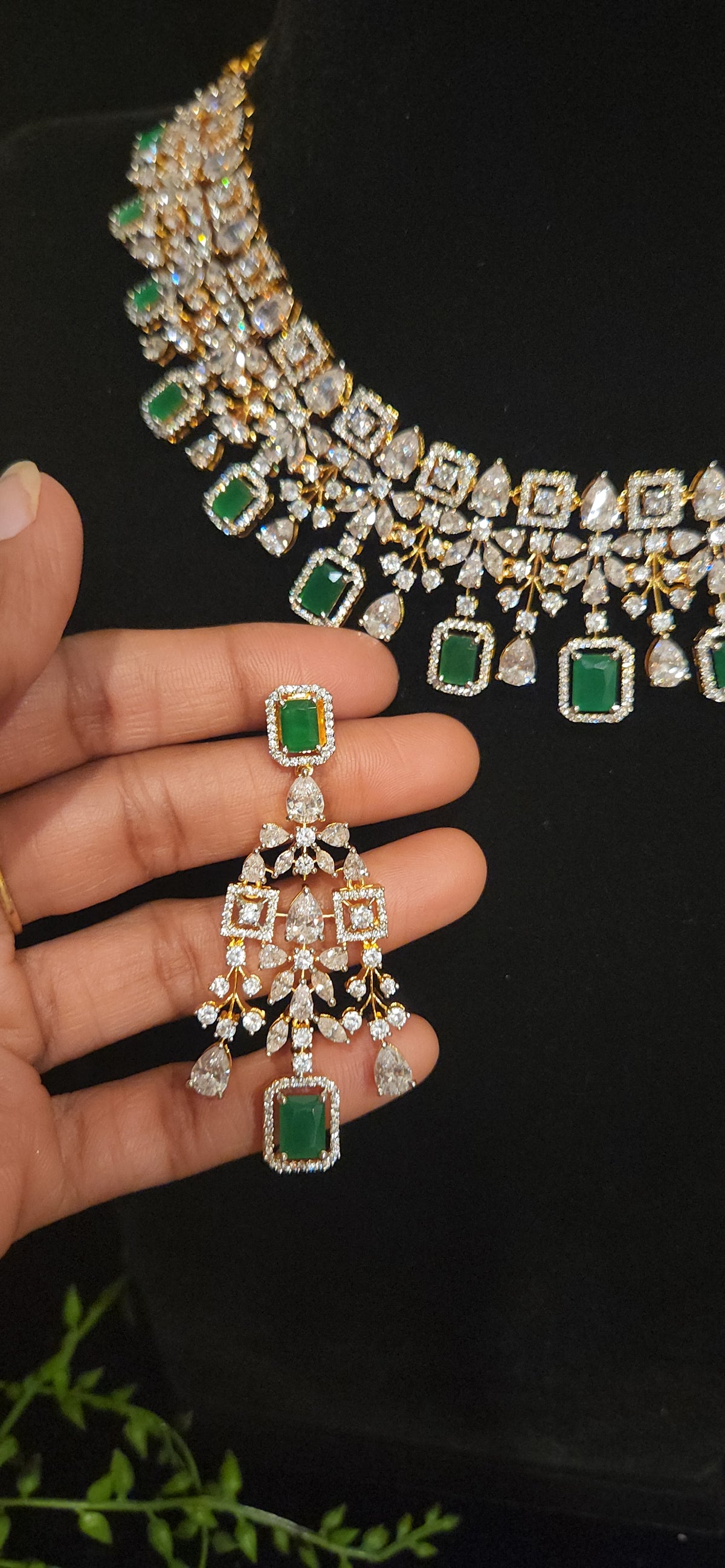 Emerald CZ Geometric Drop Necklace Set
