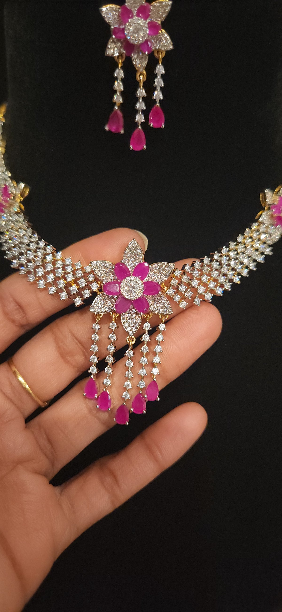CZ Floral String Necklace with Pink Drops