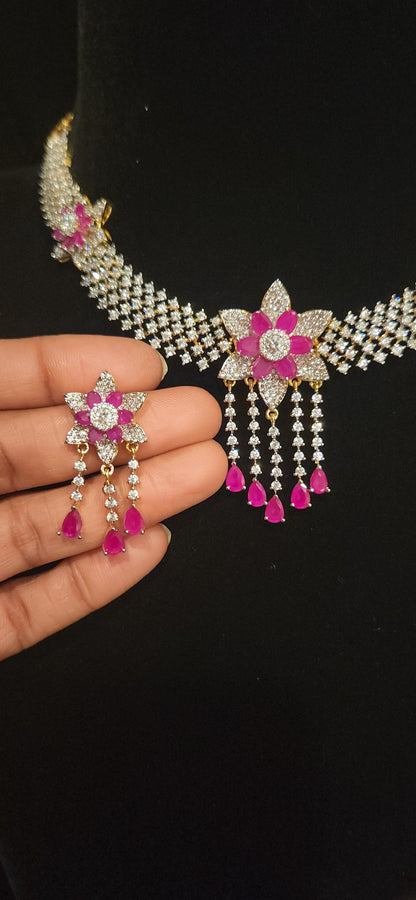 CZ Floral String Necklace with Pink Drops