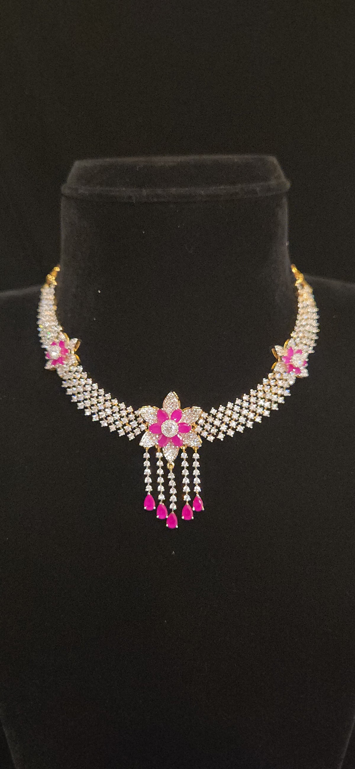CZ Floral String Necklace with Pink Drops