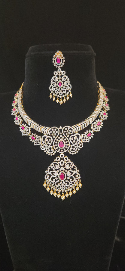 Royal Floral Ruby CZ Necklace Set with Pearl Hangings
