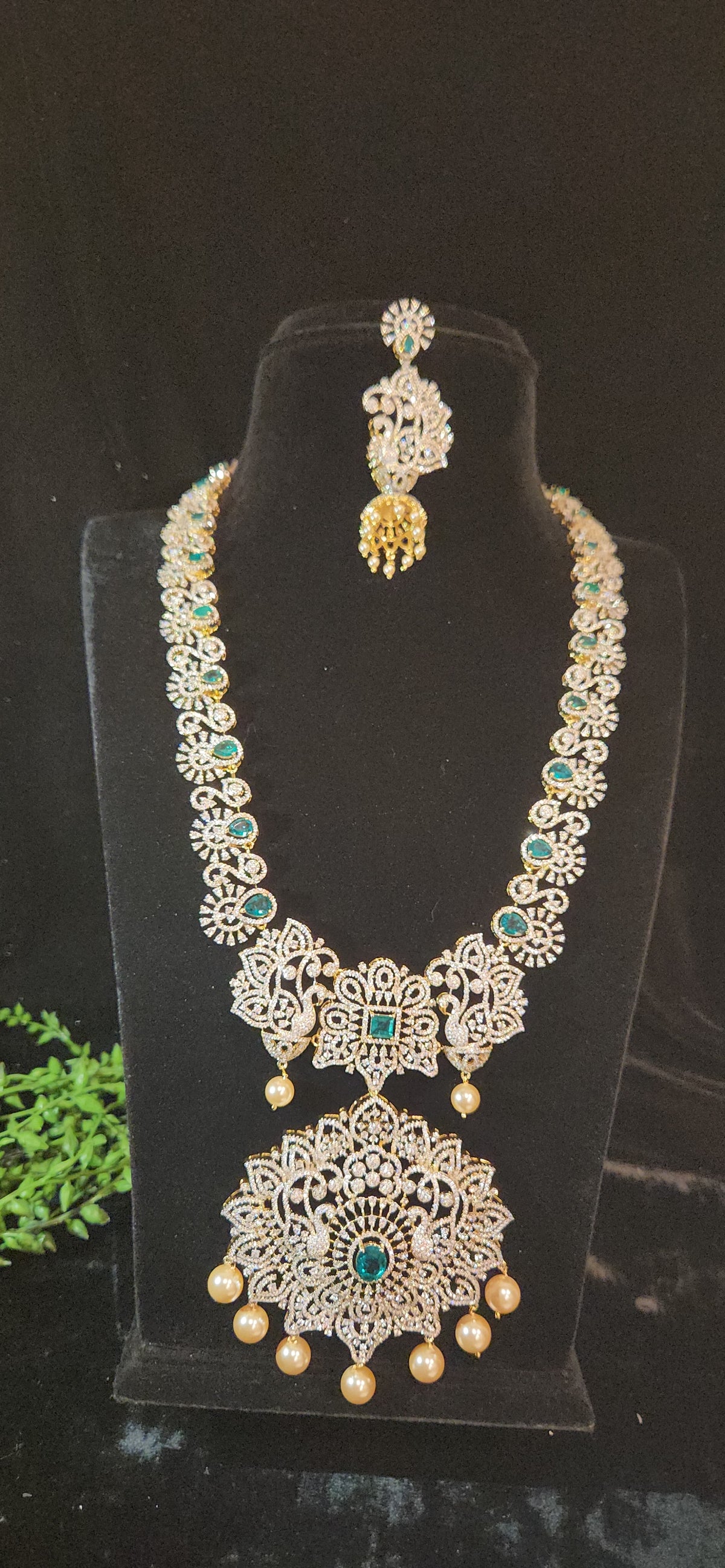 Grand Floral Peacock CZ Haram with Pearl Drops