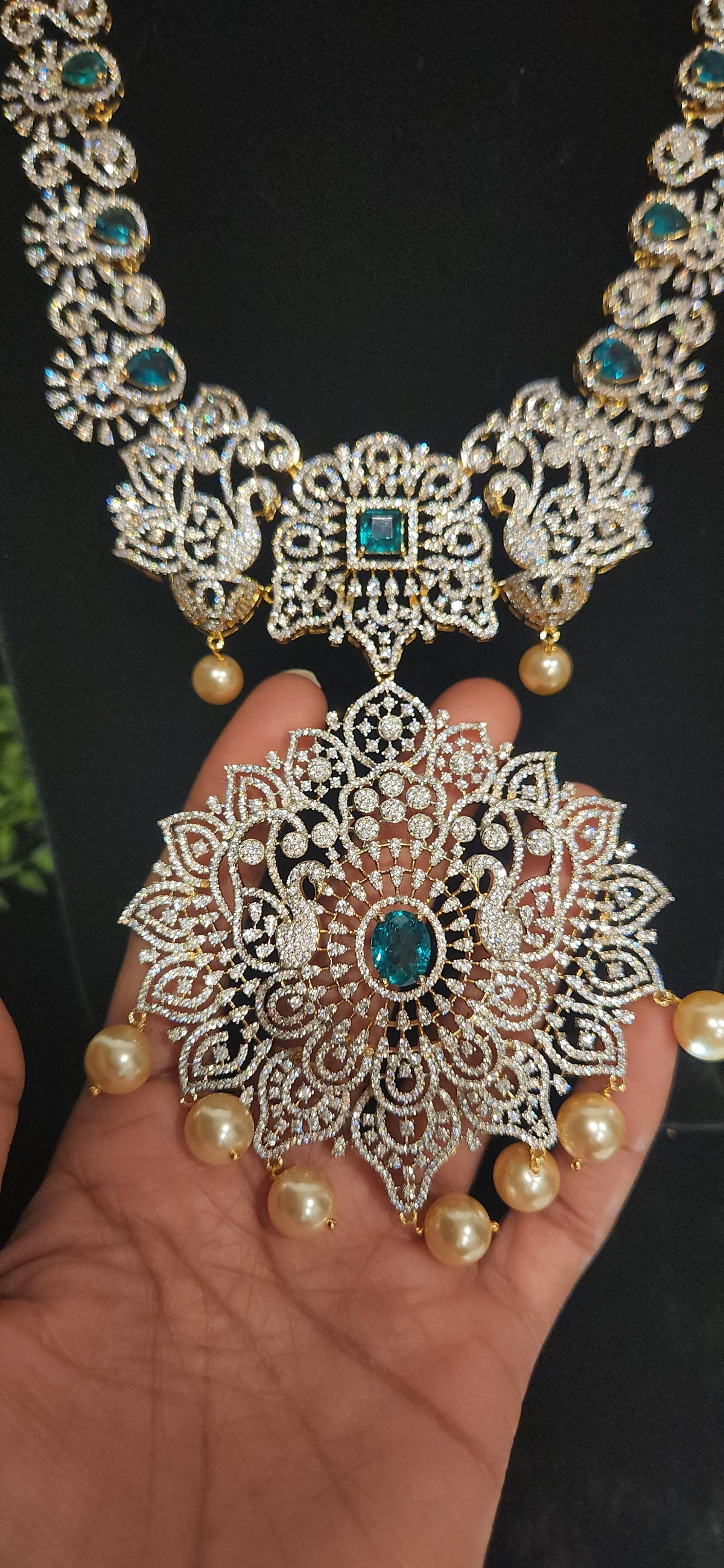 Grand Floral Peacock CZ Haram with Pearl Drops