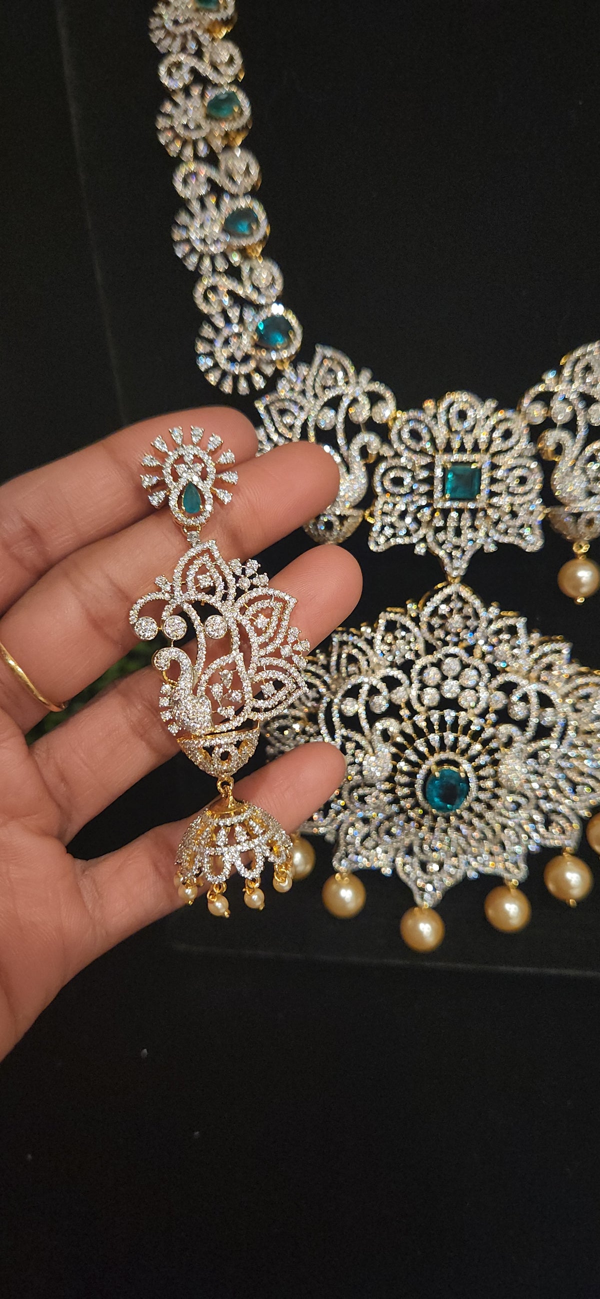 Grand Floral Peacock CZ Haram with Pearl Drops