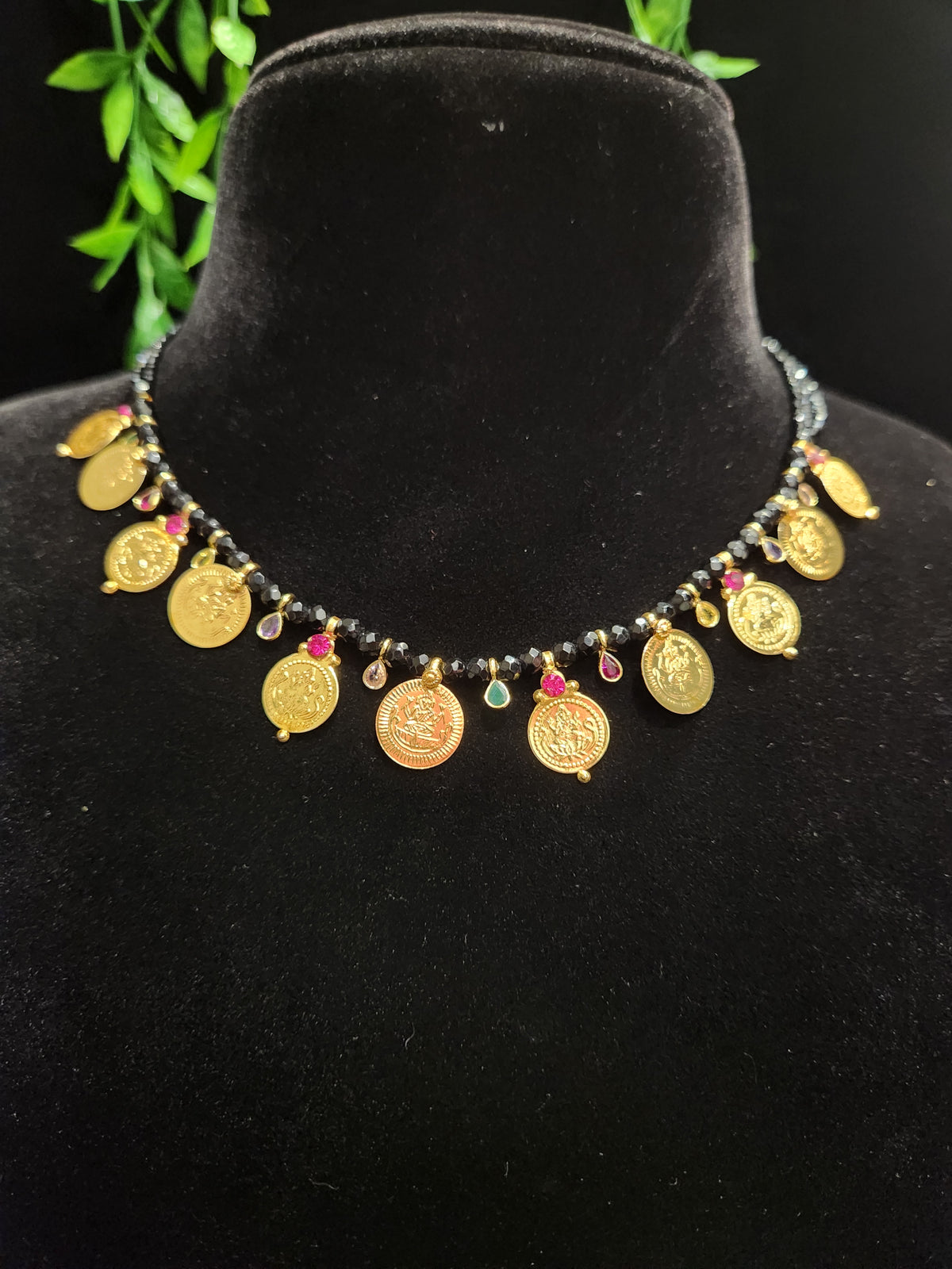Lakshmi Kasu Black Bead Necklace with Multicolour Stones