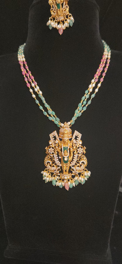 Lord Balaji CZ Haram Set with Multicolor Beads and Pendant