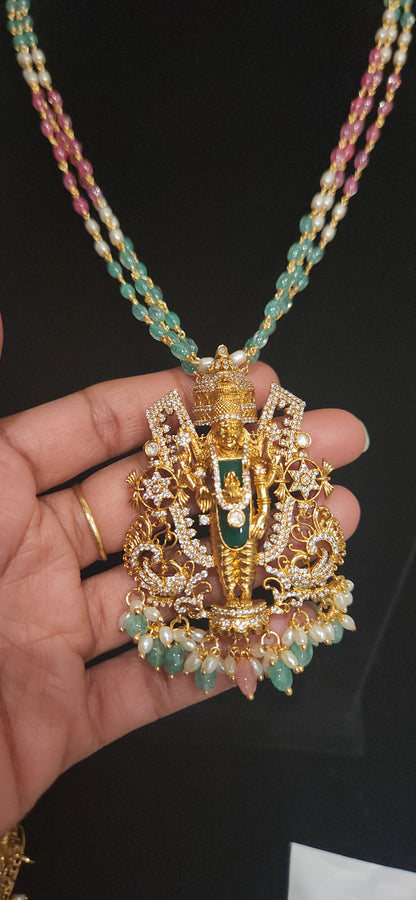 Lord Balaji CZ Haram Set with Multicolor Beads and Pendant