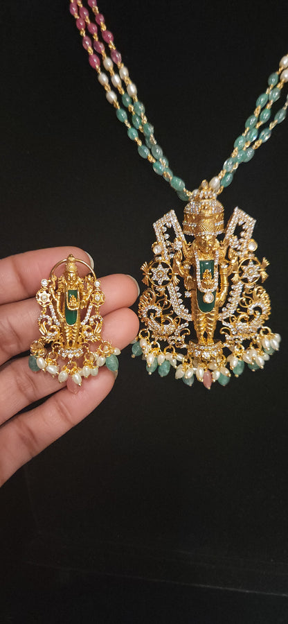 Lord Balaji CZ Haram Set with Multicolor Beads and Pendant