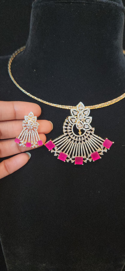 Fancy diamond finish cz pendant set paired with three line sturdy italian