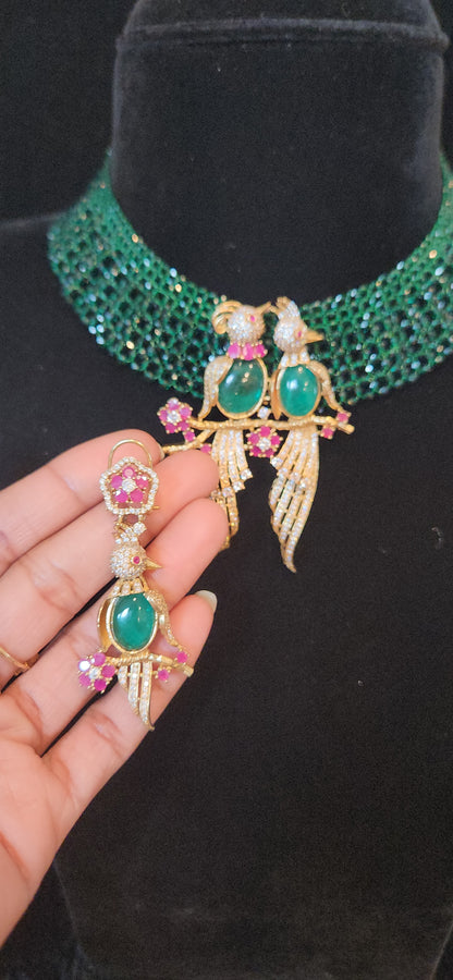 Pretty peacock themed multicolor pendant set paired with green hydro beads chain