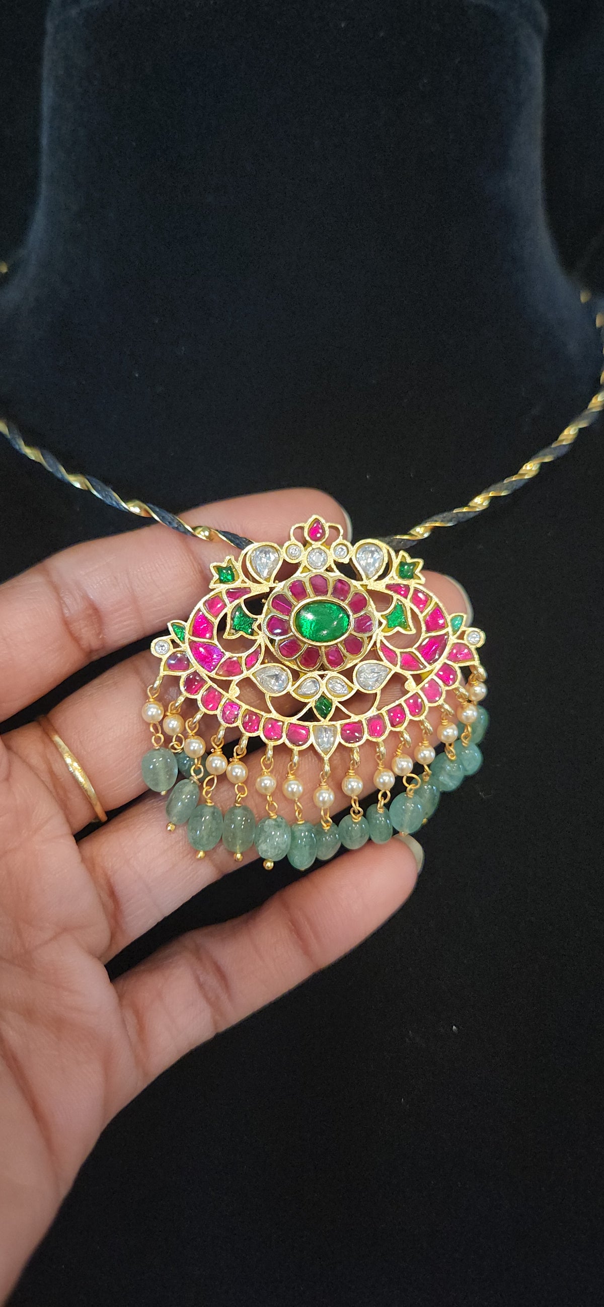 Traditional CZ Stone Pendant Necklace with Pearl Bead Danglers
