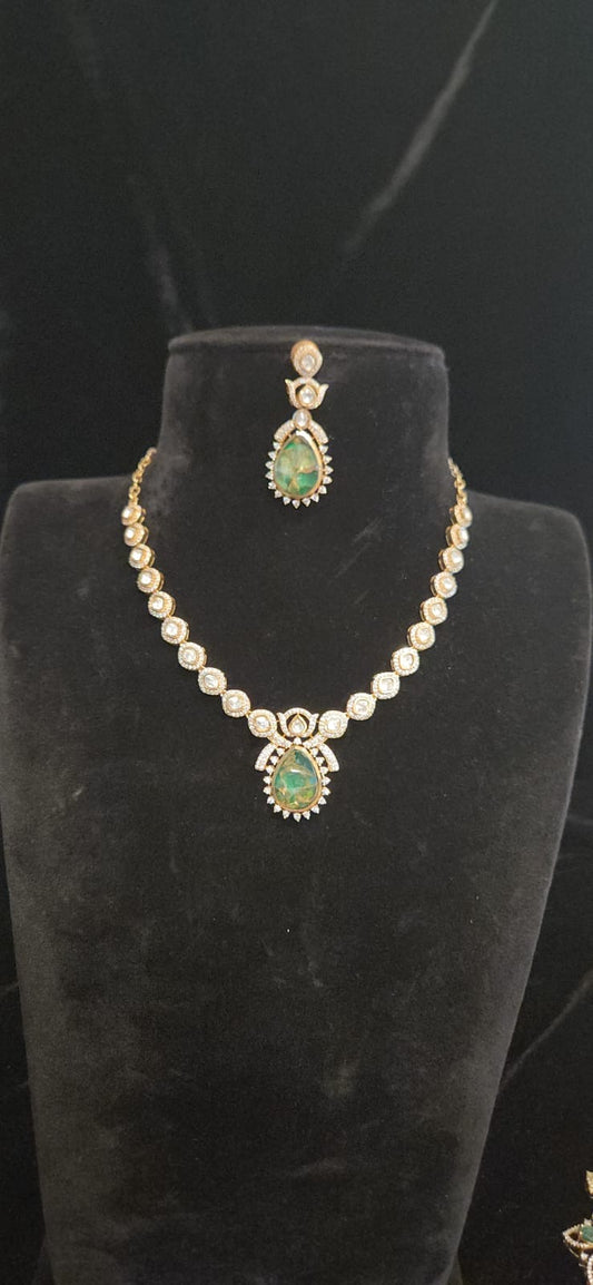 Simple  Polki Kundan Designer Necklace Set with green Tear drop stone