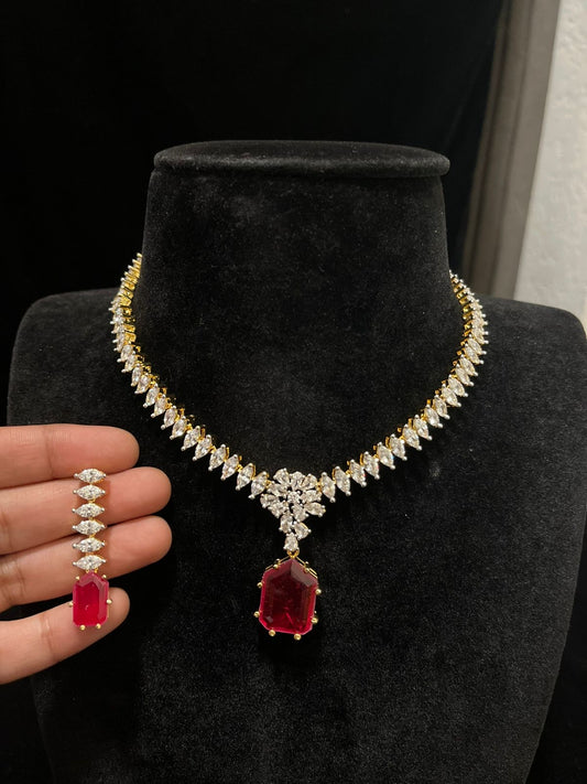 Diamond Finish CZ Necklace Set Red pentagon stone