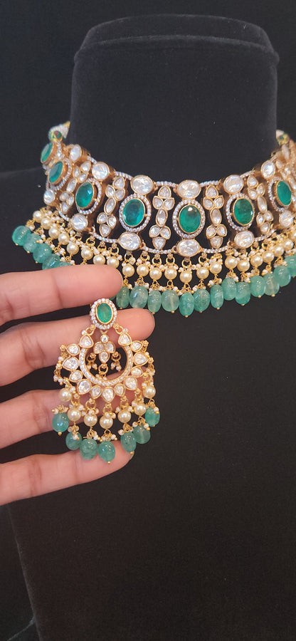 Moissanite Emerald Choker Set with Strawberry Bead Drops