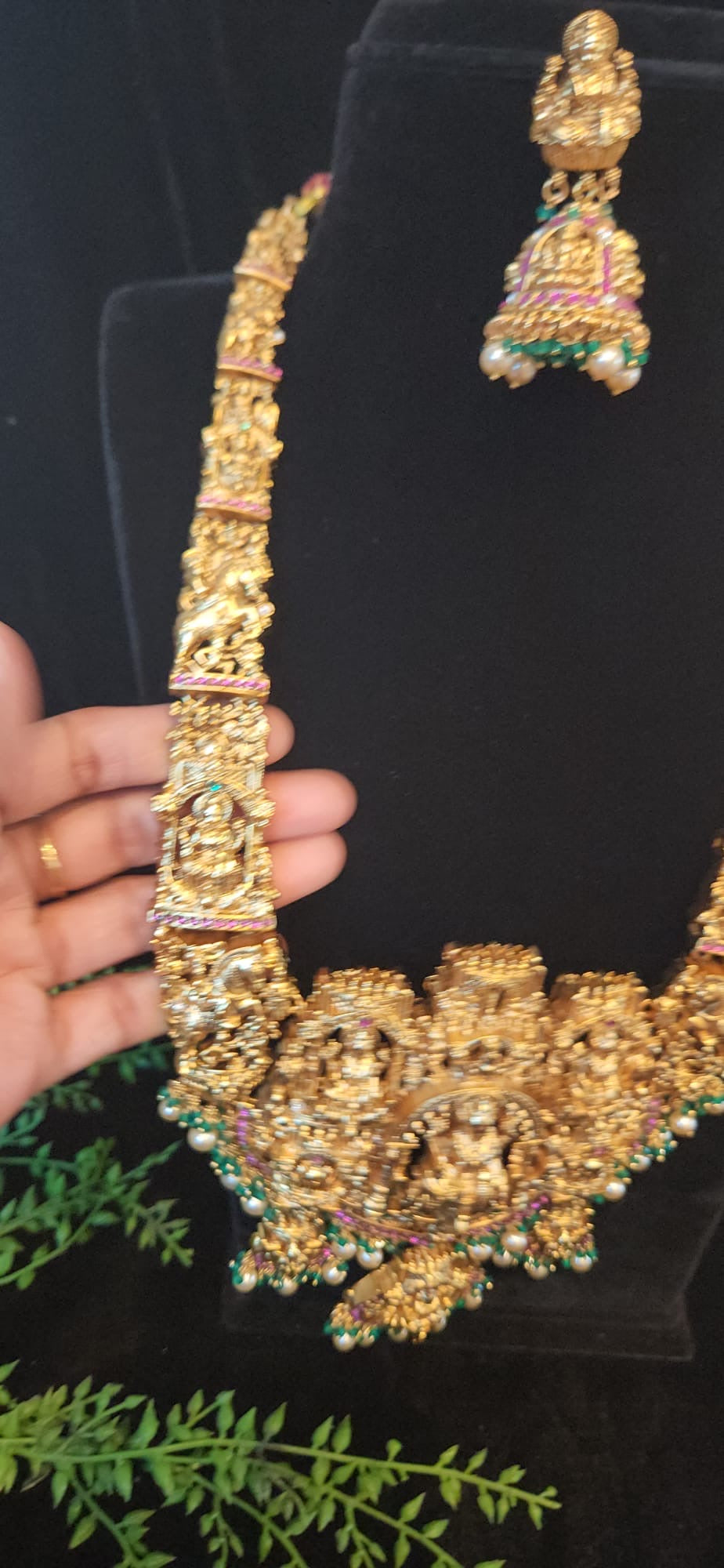 Antique Gold Finish Temple Haram Set with Lakshmi Design