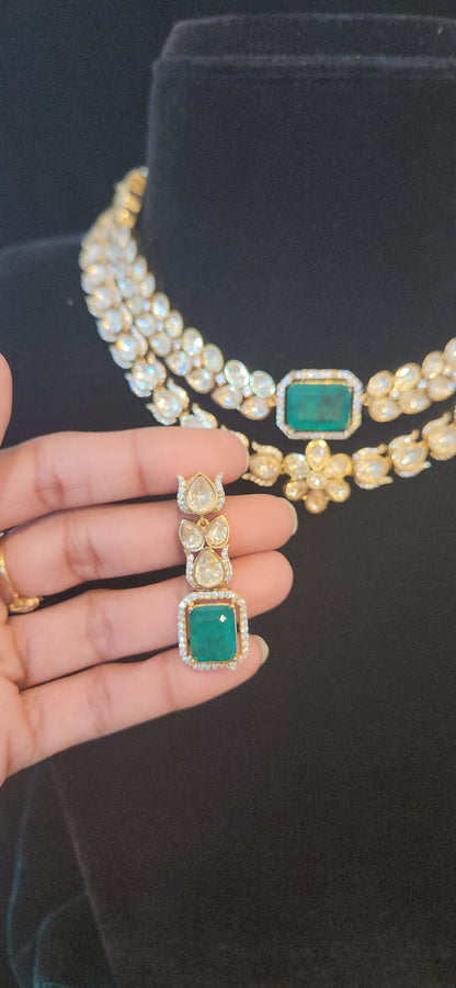 Double Layer Moissanite Emerald Floral Necklace Set