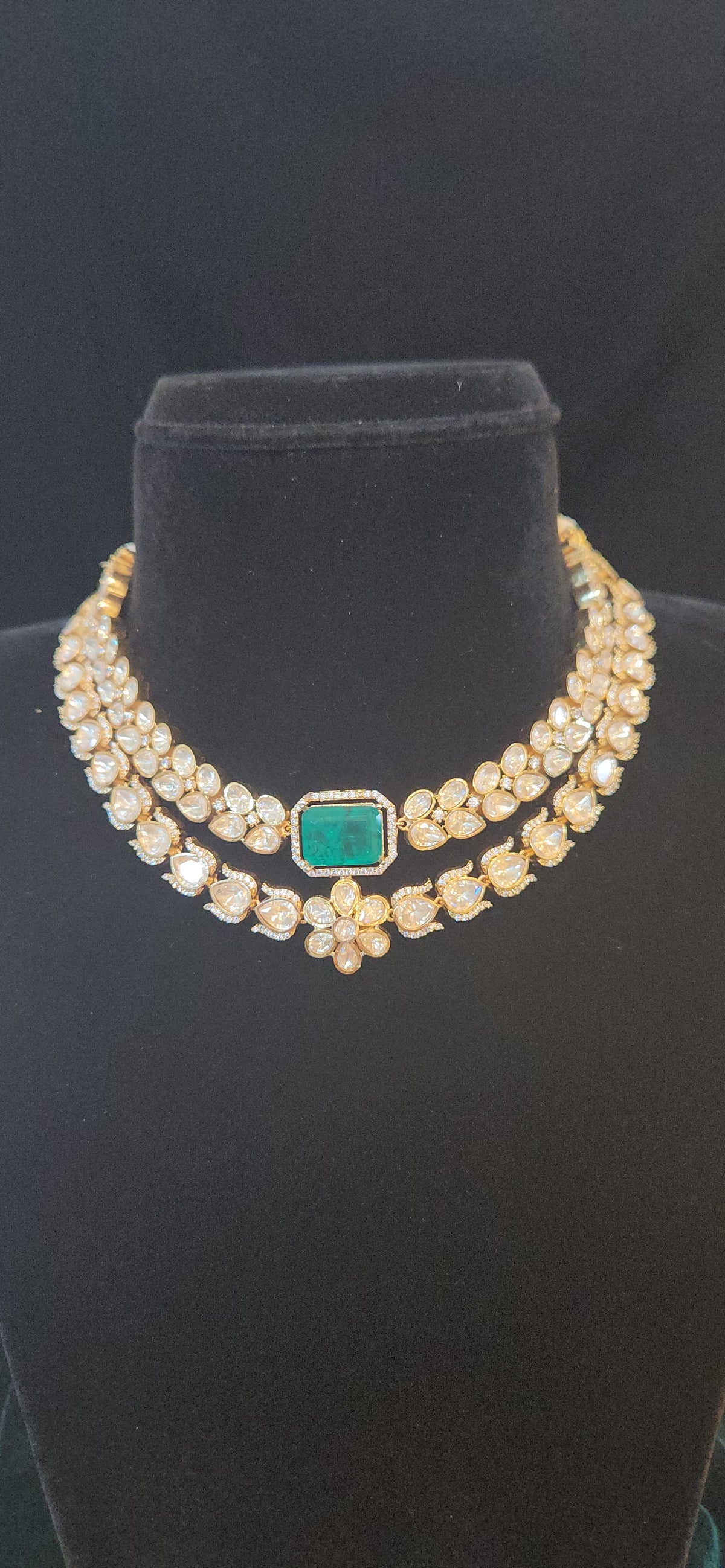 Double Layer Moissanite Emerald Floral Necklace Set