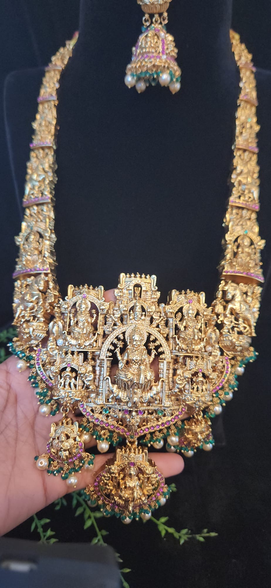 Antique Gold Finish Temple Haram Set with Lakshmi Design