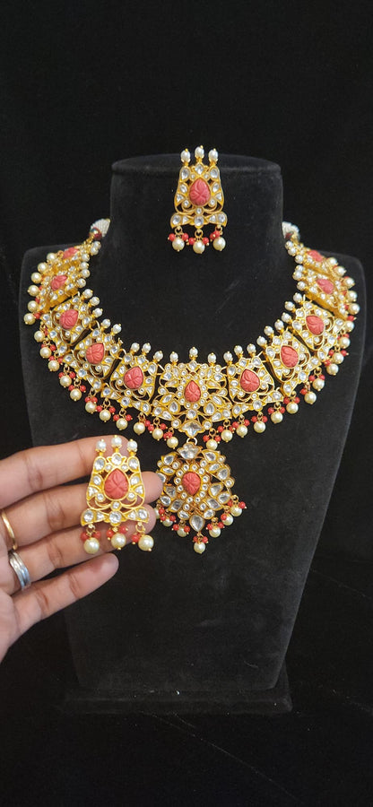 Jadau Kundan white and coral combination heavy neckset