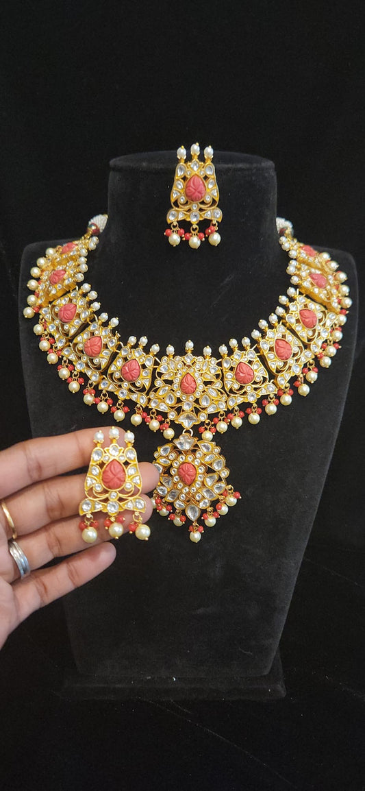 Jadau Kundan white and coral combination heavy neckset