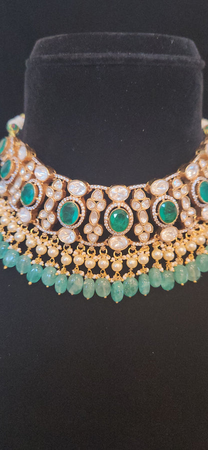 Moissanite Emerald Choker Set with Strawberry Bead Drops