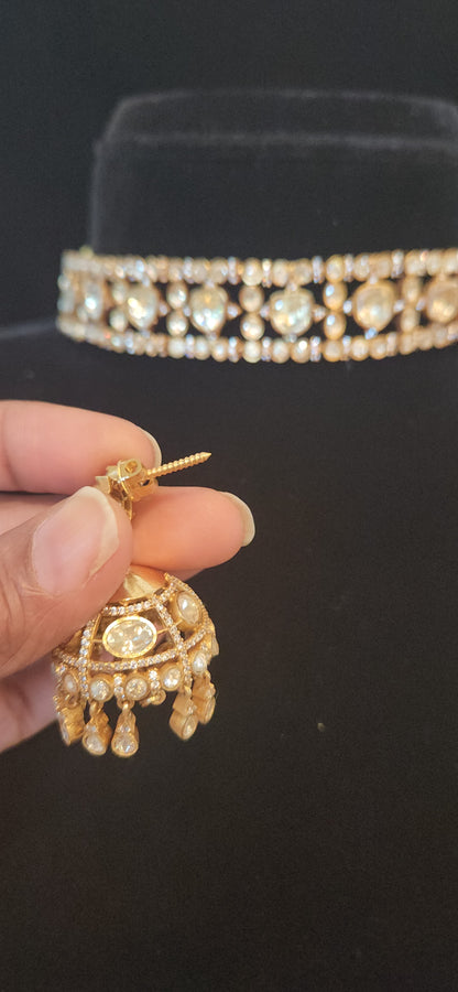 Moissanite Neutral Choker Set with Jhumka Earrings