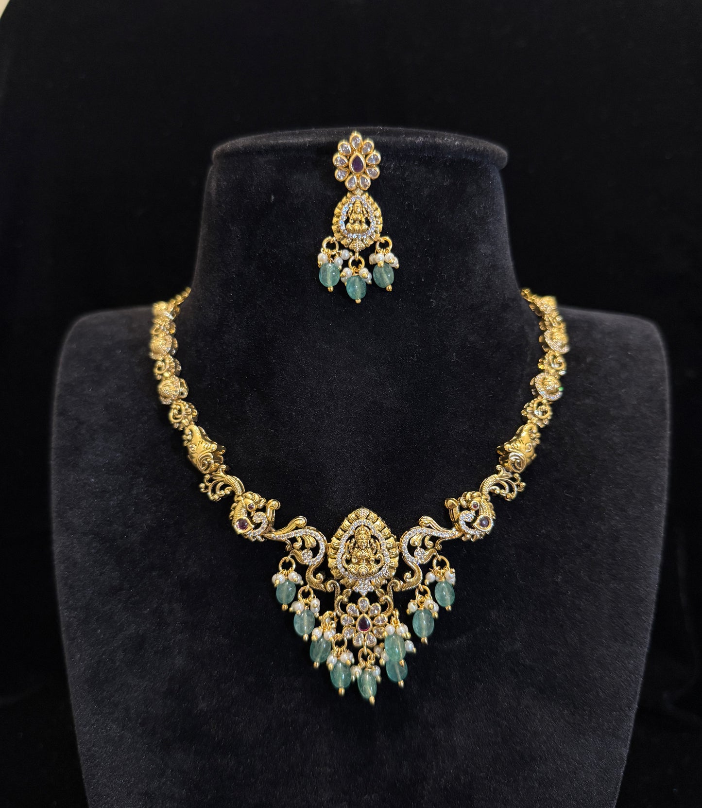 Temple Style Nakshi Necklace Set with Green Beads