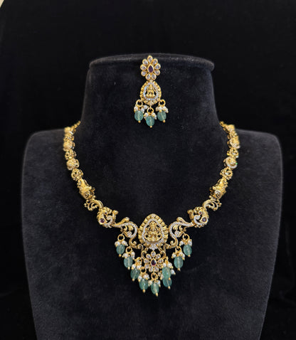 Temple Style Nakshi Necklace Set with Green Beads